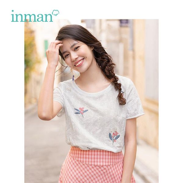 

inman 2019 summer new arrival o-neck literary embroidery retro all matched loose short sleeve women shirt, White