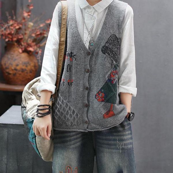 

little girls letter printed knitted vest women clothes 2019 autumn v-neck vintage single breasted loose casual cotton vest, Black;white