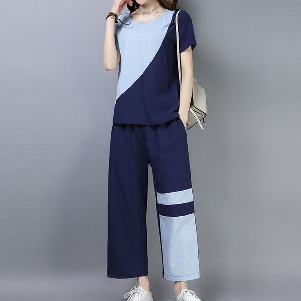 

2020 real ssummer new cotton linen loose leisure suit stitching short-sleeved shirt + 8 points wide leg pants suit, White