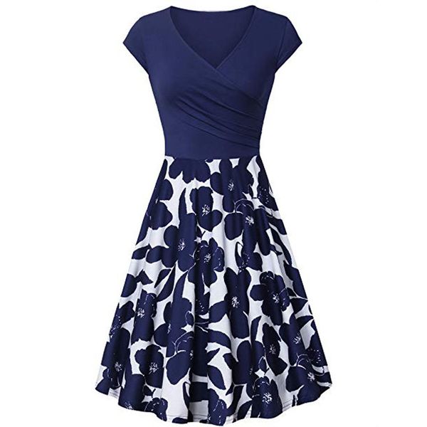 

summer dress women elegant Short Sleeve Cross Dresses Vintage Elegant Flared A-Line blue dresses party night dress vestidos NEW