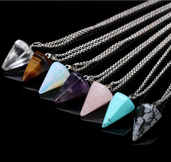 Natural Gemstone Pingente Colar Cristal Cura Chakra Reiki Pedra Prata Hexagonal Prisme Cone Pêndulo Colares Colares GB1465