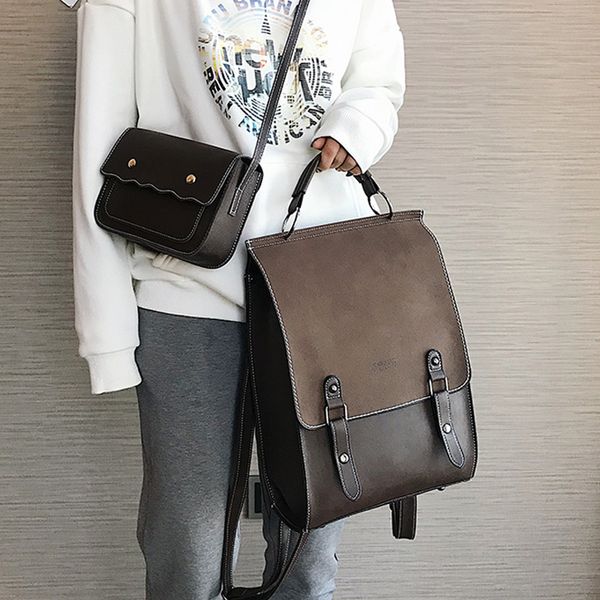 

fashion backpack women 2pcs set backpacks pu leather school bag for girls casual style a4 paper vintage backpacks shoulder bags