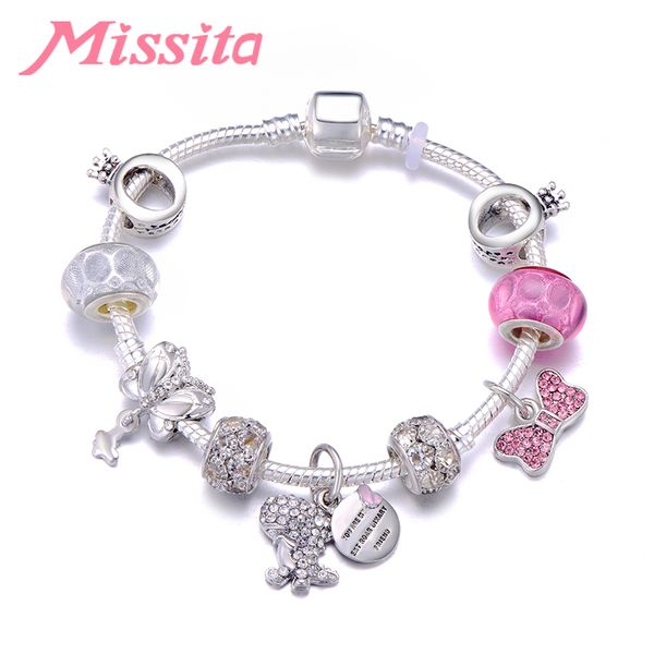 

missita 2019 new crystal dinosaur charm bracelet butterfly beads bracelets for women anniversary brand gift dropshipping, Golden;silver