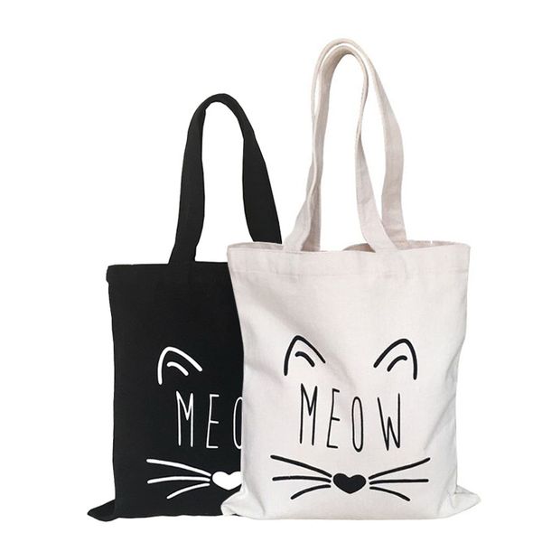 

fashion shopping bag canvas fabric reusable grocery tote big foldable striped cotton bags eco sac cute cat print sac shopper