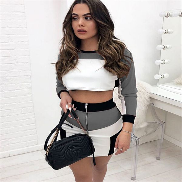 

2pcs women long sleeve crop + high waist mini skirt set clubwear casual summer clothes set, White