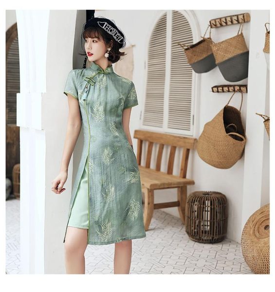 

ethnic clothing women's cotton oriental style dresses printing qipao short cheongsam aodai traditional chinese dress, Red