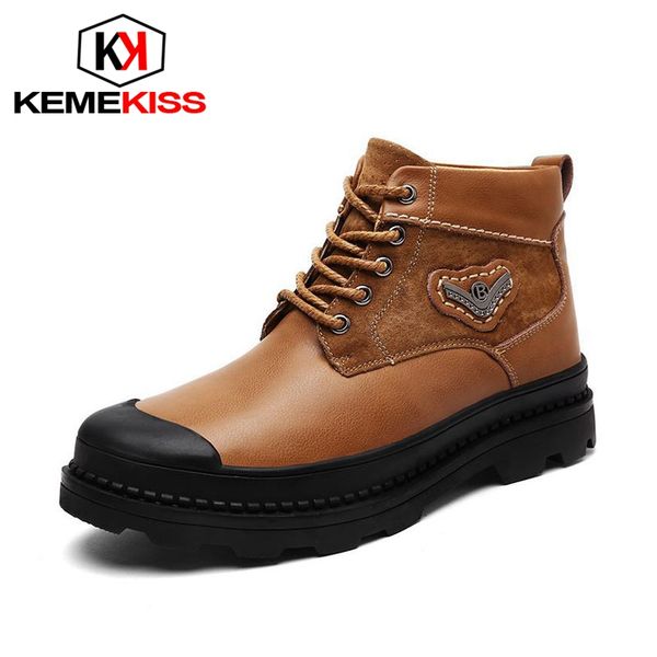 

kemekiss men ankle boots genuine leather winter warm plush lace up work boots fashion round toe brand men footwear size 38-44, Black