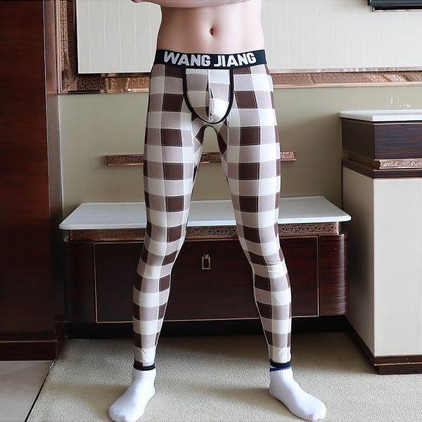 

wj brand men long johns plus velvet mens warm pants cotton plaid men's fashion cotton underwear tight legging long johns, Black;white