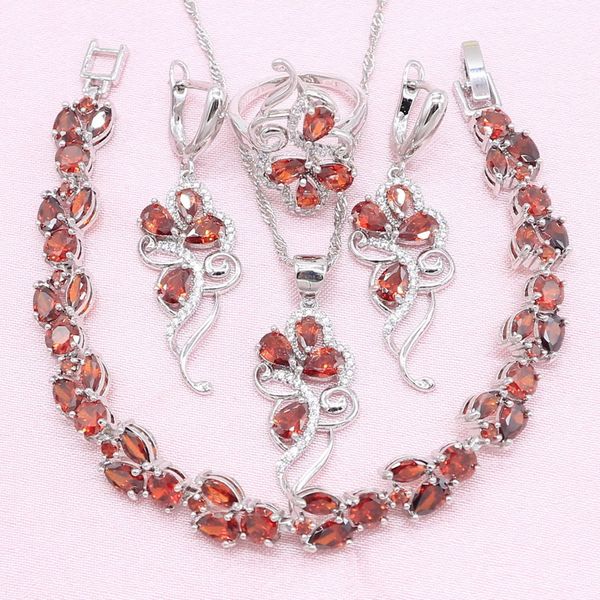 

new arrivals red cubic zirconia 925 silver jewelry sets for women wedding flower shaped earring pendant necklace ring bracelet