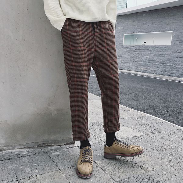 

fashion-2019 spring new korean version of the youth fashion trendy houndstooth wool woolen material nine pants loose small literary men, Black
