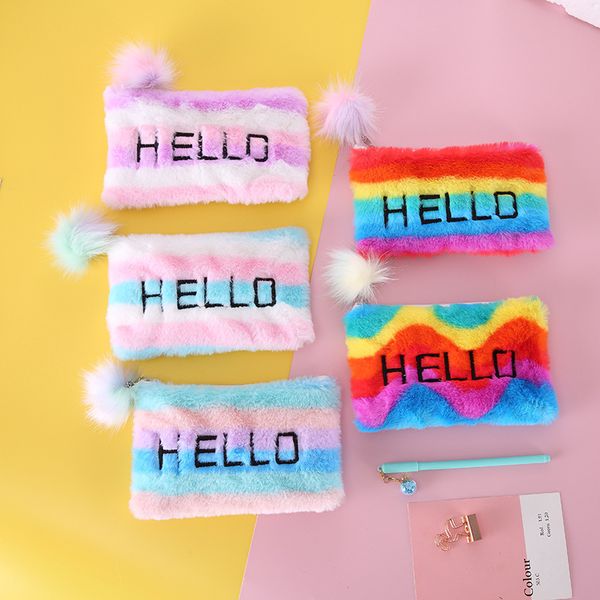 

rainbow plush ball school pencil case kawaii pencil box pen bag for girls stationery pouch kids gift school supplies zakka