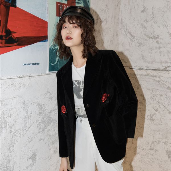 

2019 new autumn vintage turn-down collar slim embroidery cven rose velvet blazer blouse shirt black 3002, White