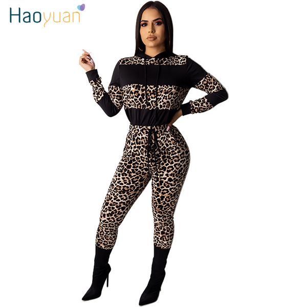 

haoyuan leopard splice two piece set tracksuit women festival clothing pant sweat suits winter matching sets 2 piece outfits, White