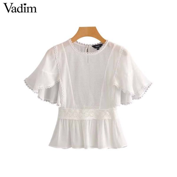 

vadim женщина сладкого кружево лоскутного блузку см через короткий рукав o шеи гофрированной рубашек дамы случайных белых вершины blusas da1, White