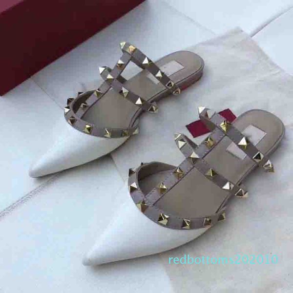 

women high-heeled shoes luxury sandals loafer summer genuine leather shoes flat rivet shoes brands slippers 2018 designer r10, Black