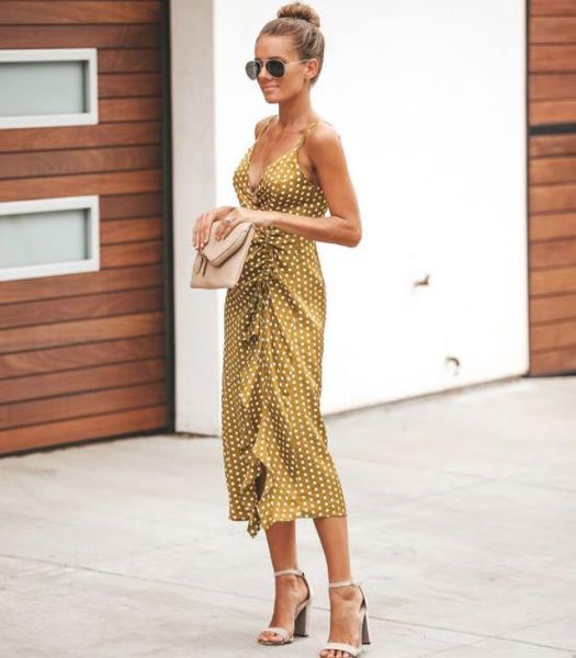 

spring summer women dresses candy color v-neck polka dot dress casual spaghetti strap dresses dovetail split women clothes, Black;gray