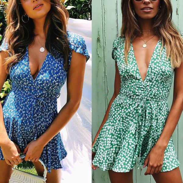 

women v-neck dress sleeveless summer floral printing girls mini dress, Black;gray
