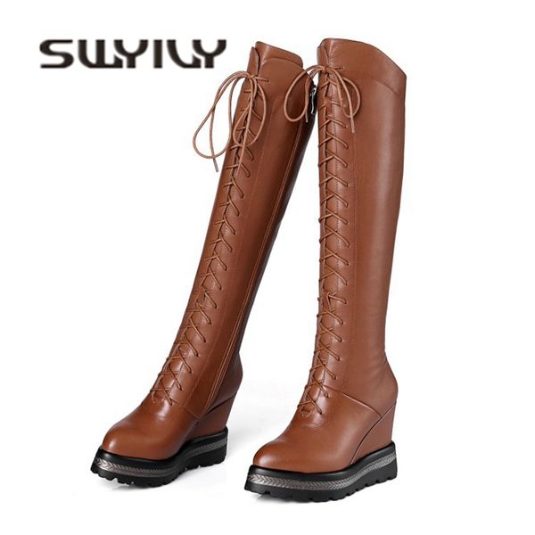 

swyivy winter snow boots platform wedge genuine leather 2018 new female lacing up casual shoes boots high velvet warm snow boot, Black