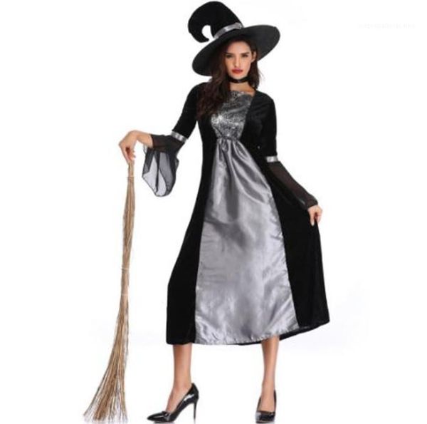 

female clothing casual apparel witches cosplay womens halloween desigher theme costume hat long sleeve fashion dresses, Black;red