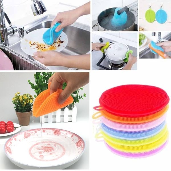 

round silicone dish washing scrubber silicone bowl cleaning brush cloth scouring pad pot pan wash kitchen cleaner dishwashing sponge