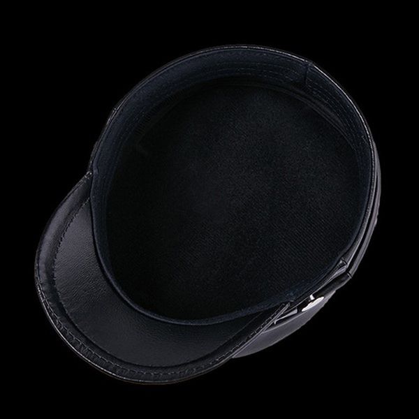 

xdanqinx men women winter hat sheepskin leather cap warm military hats young students fashion flat hat 2019 new leather caps, Blue;gray