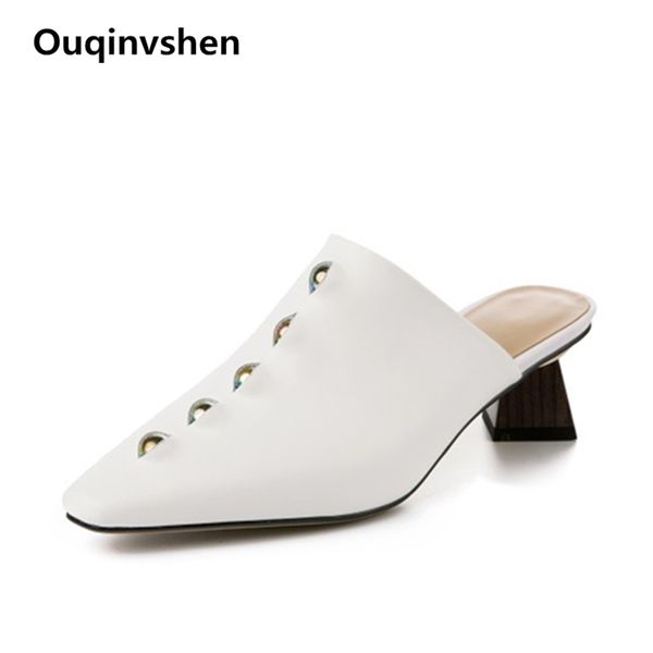 

ouqinvshen cow leather mules high heels mixed colors strange style outdoor women shoes 2019 square toe summer slippers, Black