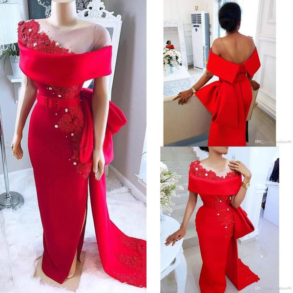 

saudi arabic red prom dresses with sheer neck bow train beaded pearls mermaid evening gowns satin side split african formal party dress, Black