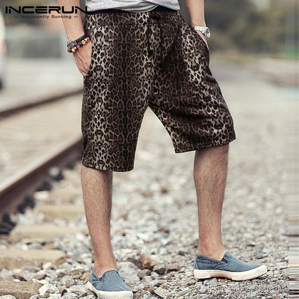 

incerun 2019 fashion men casual shorts leopard print pockets loose breathable bermuda leisure men knee length shorts streetwear, White;black