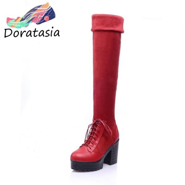 

doratasia large size 34-43 knee high boots women lace up high heels collapsible woman shoes thick fur winter women's shoes, Black