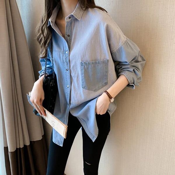 

women's blouses & shirts 2021 spring women lady retro denim shirt vintage long sleeve casual stripe jean patchwork ladies blouse, White