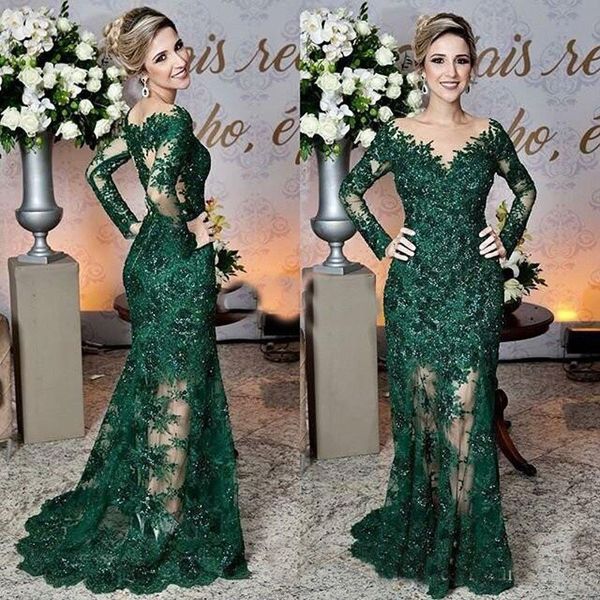 

dark green mermaid evening dresses lace appliques long sleeve mother of the bride dress prom gowns formal party dress abendkleider, Black;red