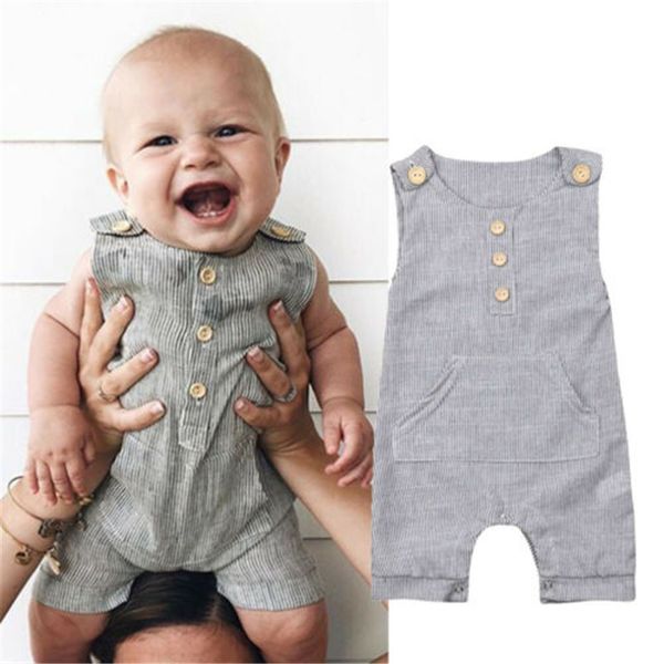 

2020 newborn infant baby boy girl striped romper sleeveless jumpsuit pocket one-piece outfit button clothes 0-18m, Blue