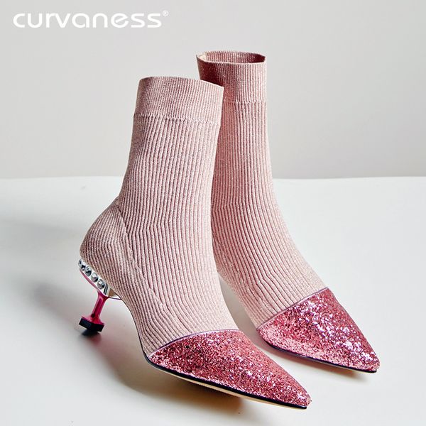 

curvaness 2019 autumn women luxury bling stretch fabric ankle patchwork med heel knit elastic sock boots pink black gold 33-40
