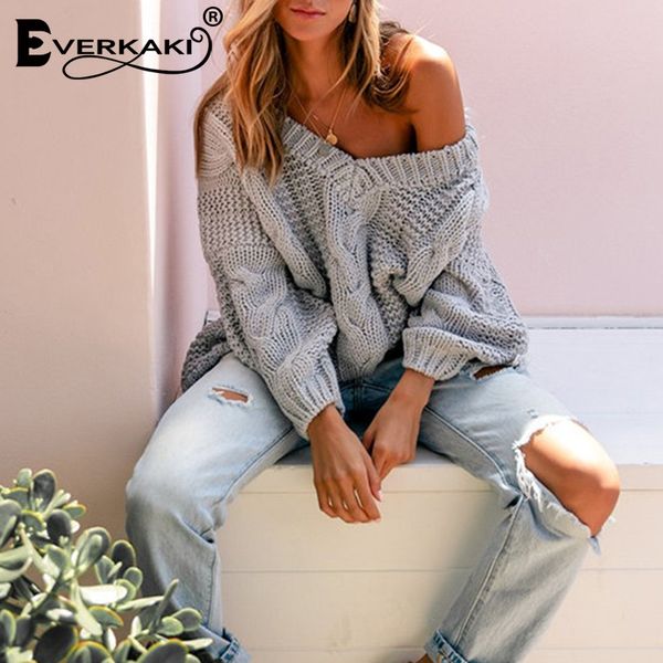 

everkaki boho knitted pullovers sweaters women loose solid warm v neck bohemian sweaters pullovers female 2019 autumn winter, White;black