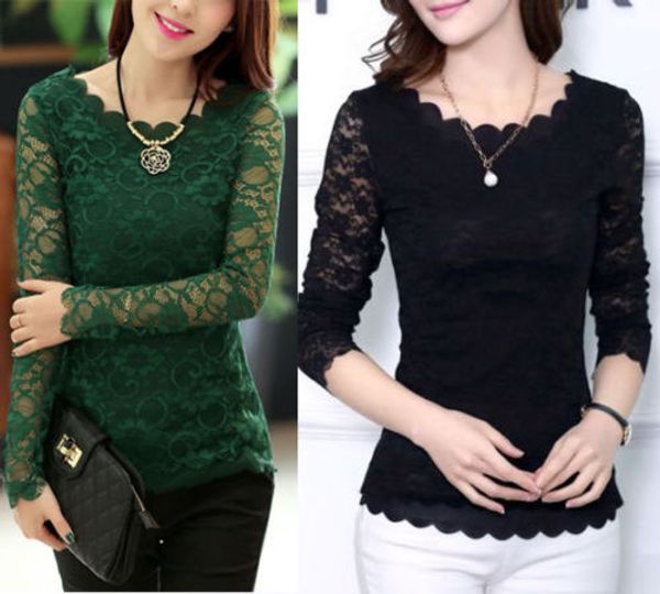 

plus size women autumn basic shirt fashion embroidery stitching mesh lace blouse shirt long sleeve casual clothes, White