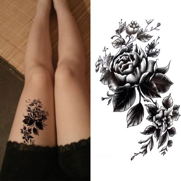 Acheter Tatouages De Cuisse Sexy Grande Temporaire Noir Imperméable à Leau De Fleur De Body Art Rose Pour La Femme Flash Autocollants De Tatouage