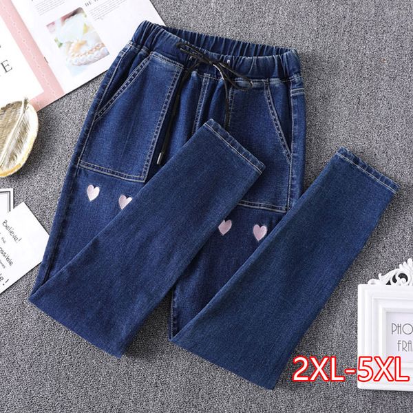

female trousers plus size elastic waist large casual jeans plus size women spring new jeans large denim, Blue