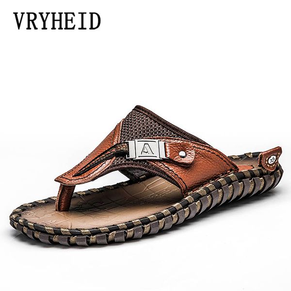 

vryheid brand men's flip flops genuine leather luxury slippers beach casual sandals summer for men fashion shoes new big size 48, Blue;gray