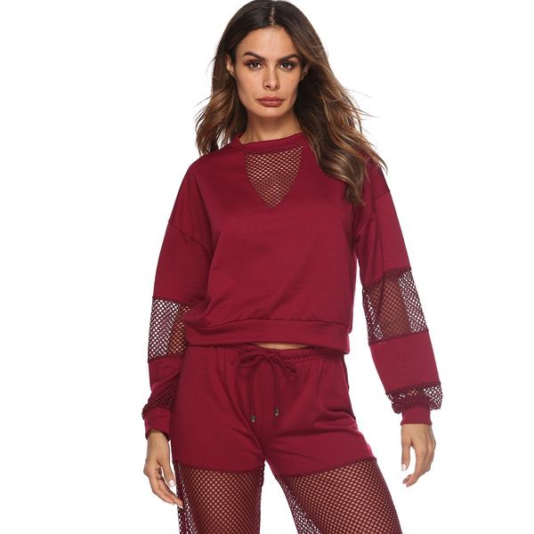 

autumn and winter women casual openwork mesh stitching two-piece casual sports suit 2019 spring sweatshirt coats female, White