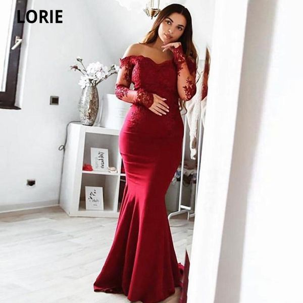 

party dresses lorie 2021 burgundy formal mermaid evening long sweetheart elegant lace appliques satin off the shoulder prom gown, White;black