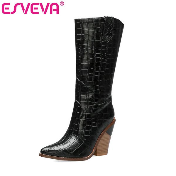 

esveva 2020 women boots mid-calf boots round toe slip on square high heels motorcycle platform shoes size 34-43, Black