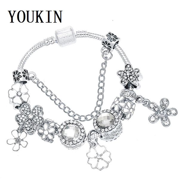 

flower petal crystal beads women silver jewelry clover pendant charms fit original pandor bracelet european pulseira gift bijoux, Black