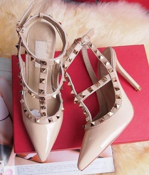 

size 2018 designer 8cm 10cm gladiator high heels women shoes nude black spikes t-strap pump patent leather stud lady shoes summer