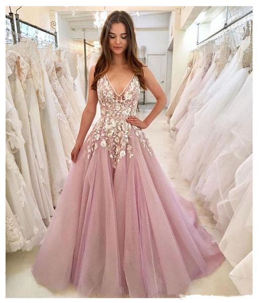 

elegant v-neck evening dresses long 3d flowers light pink formal appliques prom dresses custom made evening party gowns q48, Black;red