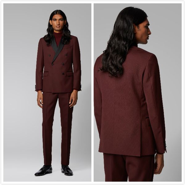 Ternos de Moda de Nova Borgonha do casamento do noivo smoking Homens noivo entalhada jaqueta de lapela Abotoamento Prom Party Blazer (Jacket + calça)