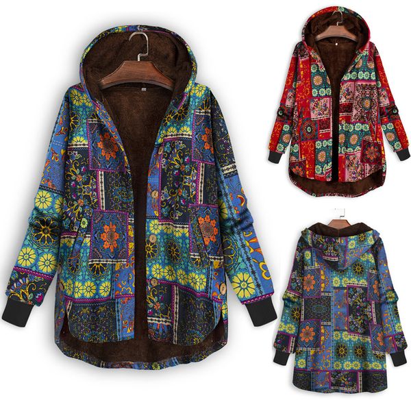 

plus plush size fashion womens coat winter warm coat women outwear floral print hooded pockets vintage oversize coats womens 40, Black
