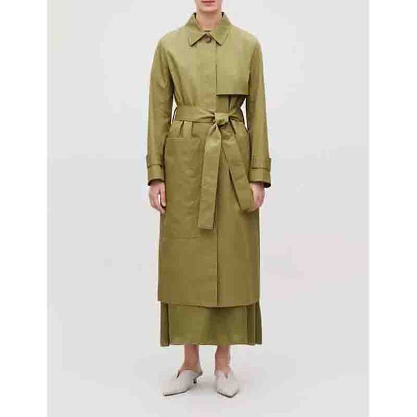 

women trench 19 autumn new grass green fruit green belt asymmetric large pocket long trench coat, Tan;black