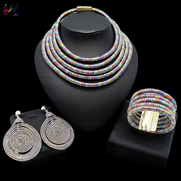

yulaili multi-layer woven charm choker necklace earrings bracelet bridal wedding african jewelry set for women ing, Black
