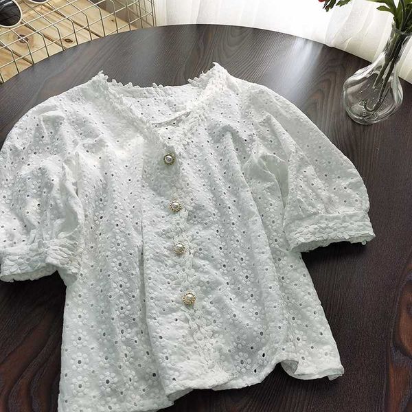 

pearl button french v-neck white hollow design lace shirt women's puff sleeve top