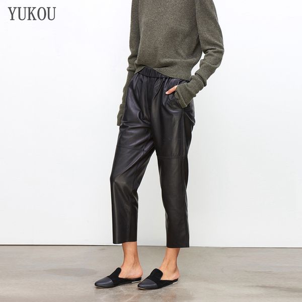 

женские брюки 100% натуральная овечья кожа 2019 мода настоящая натуральная овечья кожа урожай джинсы эластичный пояс талии брюки, Black;white